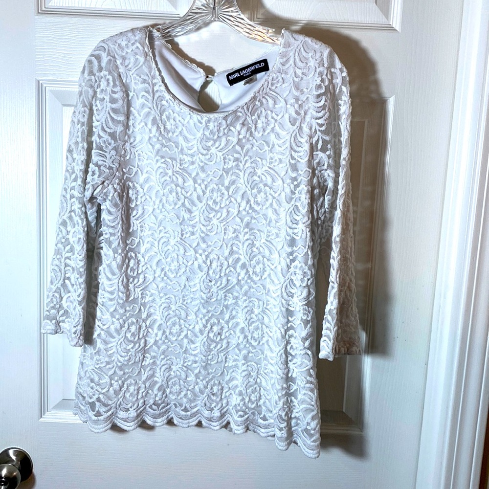 Karl Lagerfeld Paris Lace Top White 3/4 Sleeve Size Large Keyhole Button